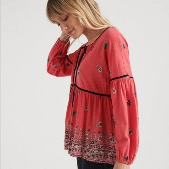 Lucky Brand Coral Pink Floral Peasant Top - Picture 2 of 14